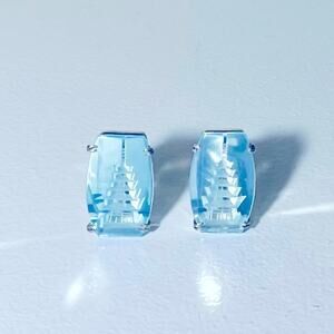 Vtg Sterling Silver Crystal PAGODA Reverse Carved Earrings Japan Screw-Back Blue
